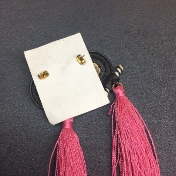 Retro 80s Pierced Earrings Pink Tassel Black White Circle Bar Domed Gold Barbie - Picture 2 of 3